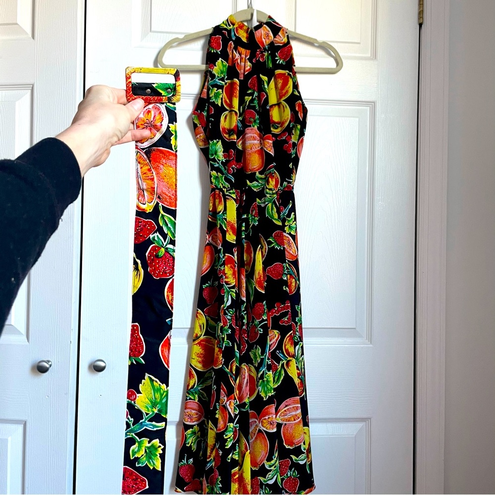 VINTAGE Tropical Fruit Print Swing Midi Dress w/Matching Belt XS